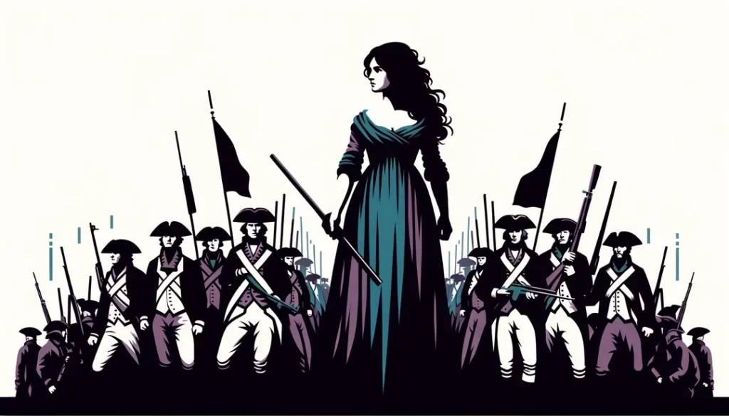 Ilustración de estilo minimalista representando un revolucionario francés durante la Revolución de 1789 en colores pastel sobre fondo blanco