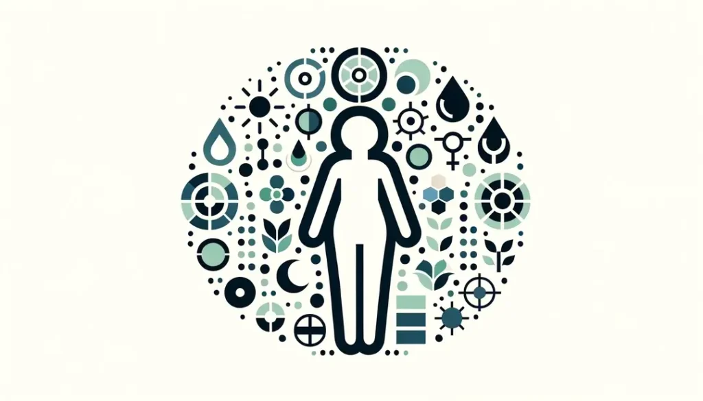 Ilustración minimalista de una figura humana rodeada de símbolos que representan la filosofía ecológica en la Francia contemporánea