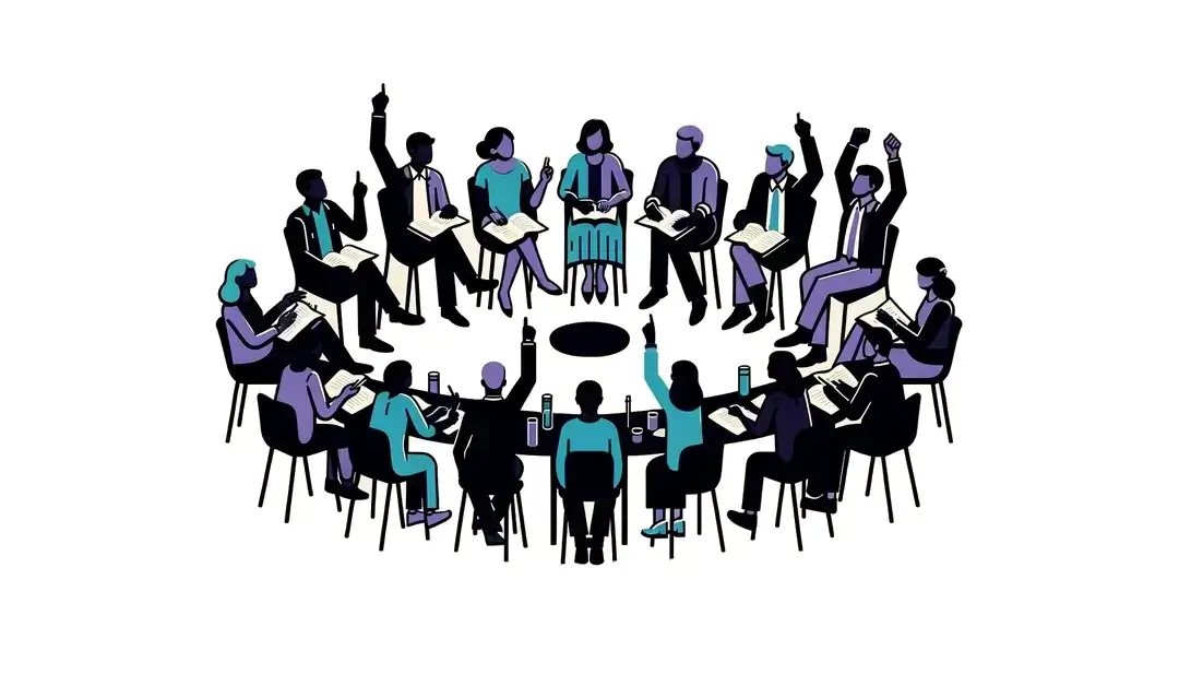 Ilustración minimalista de personas discutiendo sobre la democracia participativa inspirada por Miguel Abensour