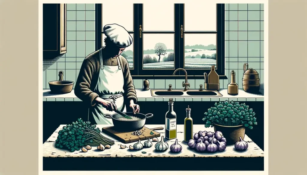 Ilustración de un chef francés cocinando con ajo y perejil