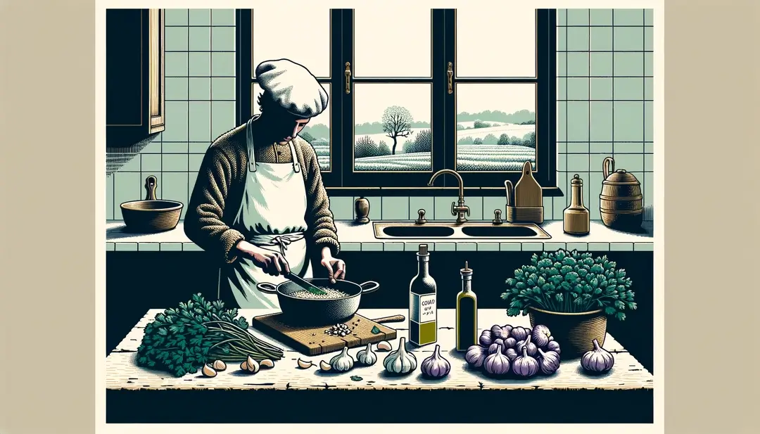 Ilustración de un chef francés cocinando con ajo y perejil
