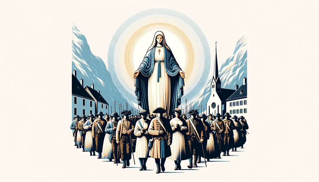 Ilustración minimalista de la devoción a la Virgen María en Auvernia