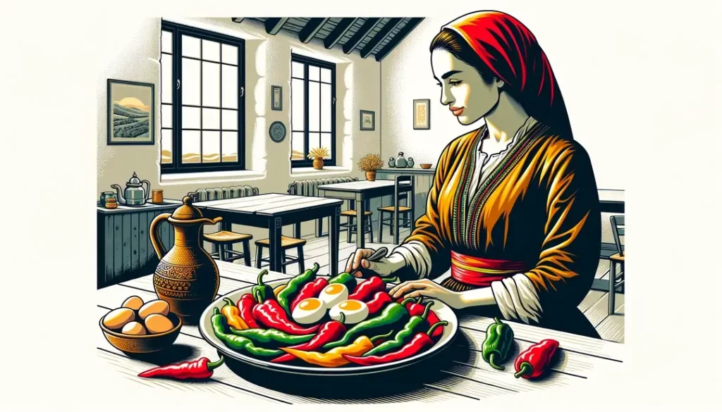 Ilustración de una mujer vasca preparando piperade