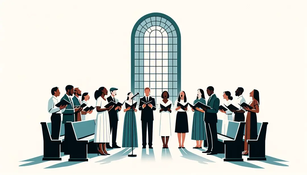 Ilustración de una figura cantando en coro durante una misa dominical