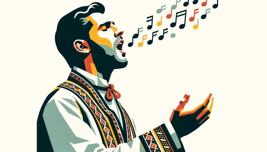 Cantante corso en atuendo tradicional interpretando con pasión las polyphonies corses