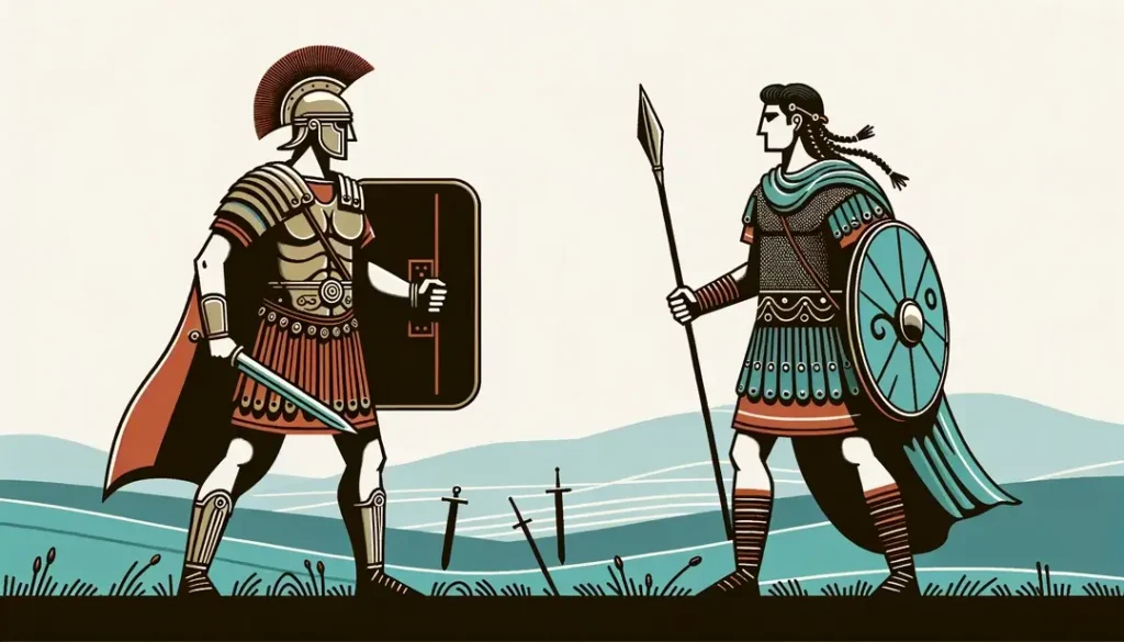 Escena minimalista de un legionario romano y un guerrero galo en la batalla de Alesia