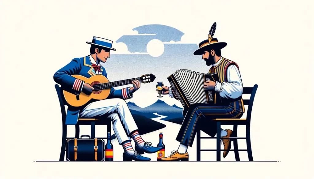 Dos músicos fronterizos franceses y españoles tocando juntos en un paisaje pirenaico