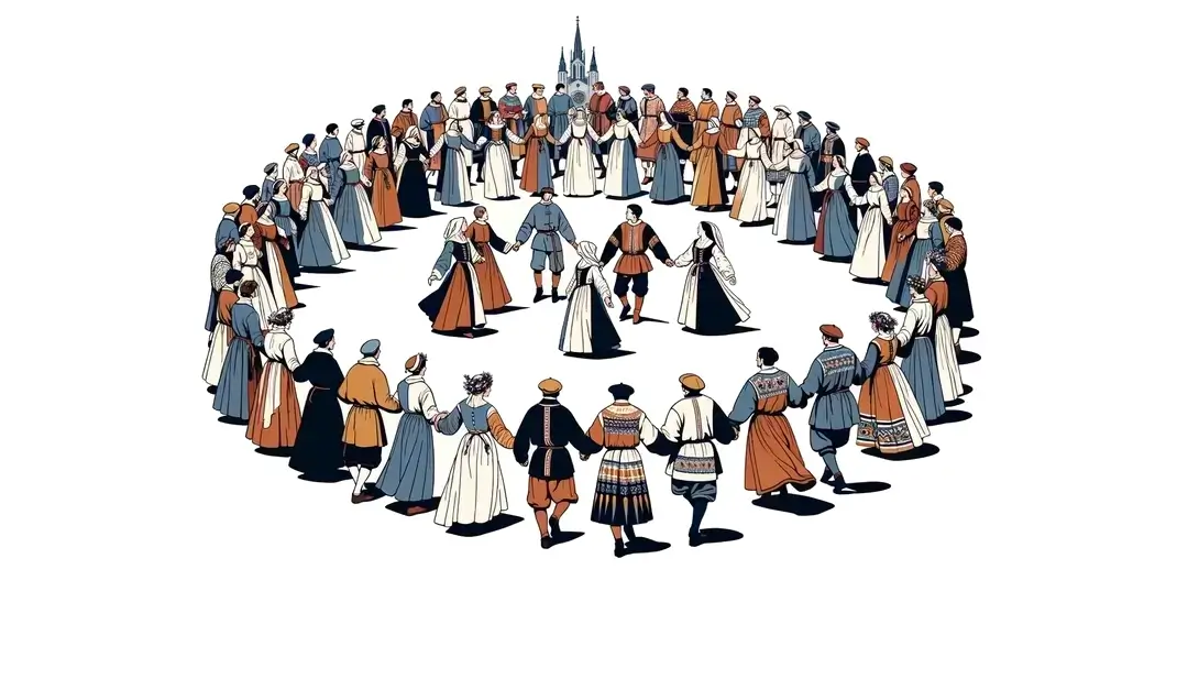 Ilustración minimalista de una danza coral medieval en Francia