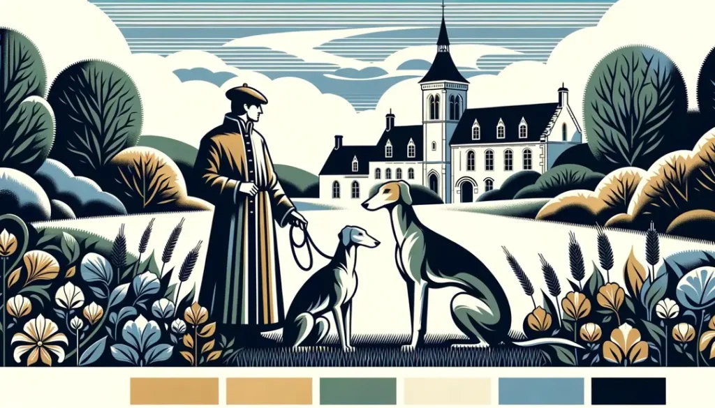 Ilustración minimalista del perro leal San Guinefort y un noble medieval en Francia