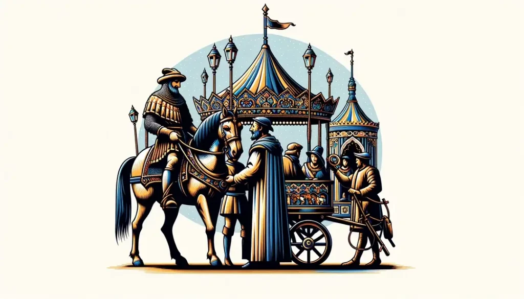 Ilustración minimalista de la Foire du Trône en el siglo XII con figura histórica y atracción