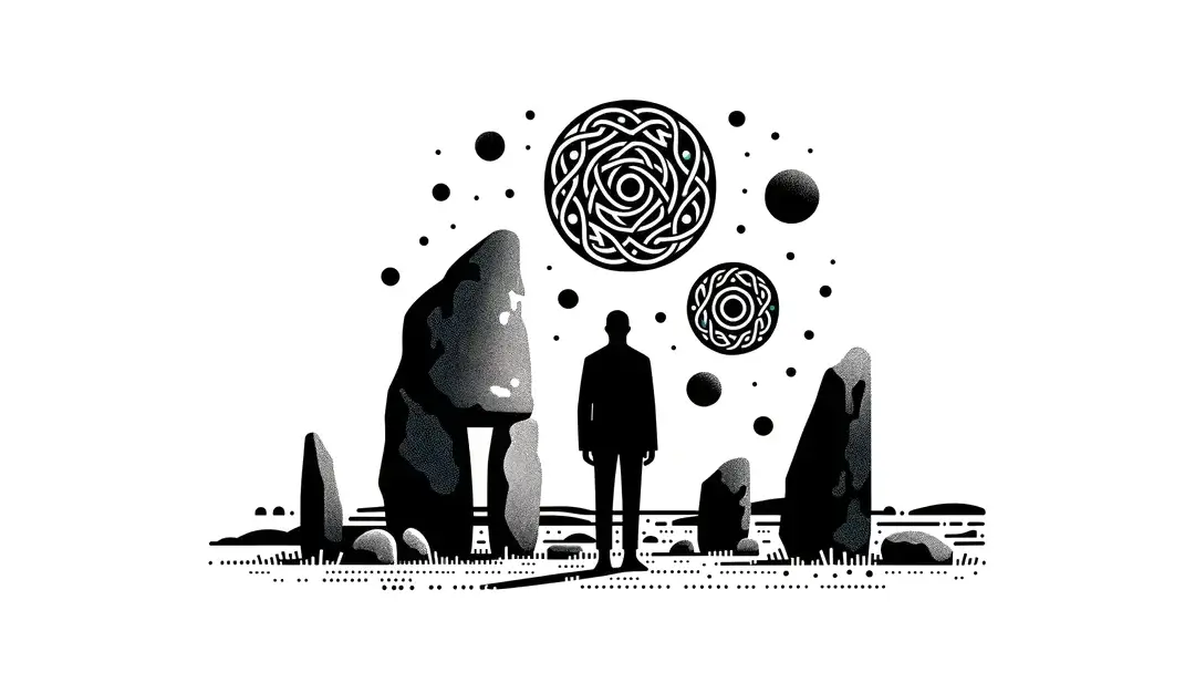 Imagen minimalista de una figura humana con megalito de Carnac y símbolos celtas