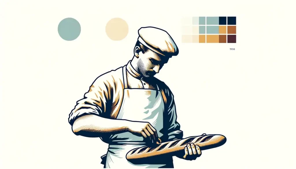 Ilustración minimalista de un panadero francés del siglo XX elaborando una baguette