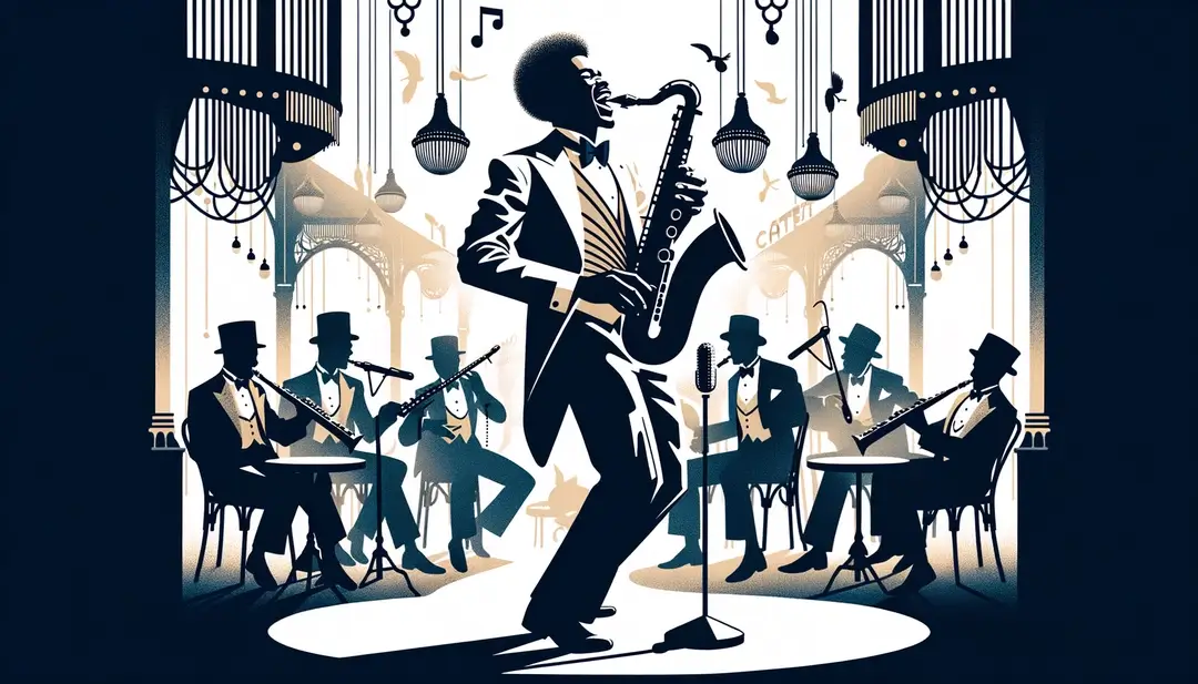 Músico afrocaribeño tocando saxofón en un cabaret parisino