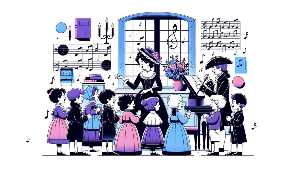 Ilustración de un aula francesa del siglo XVIII con niños cantando y aprendiendo a través de la música