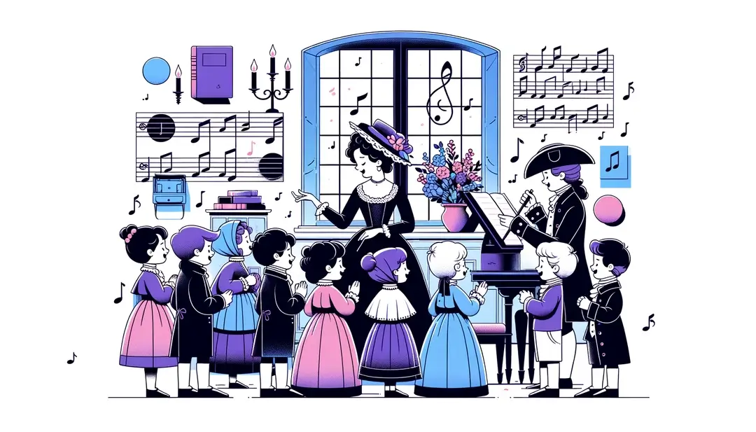 Ilustración de un aula francesa del siglo XVIII con niños cantando y aprendiendo a través de la música