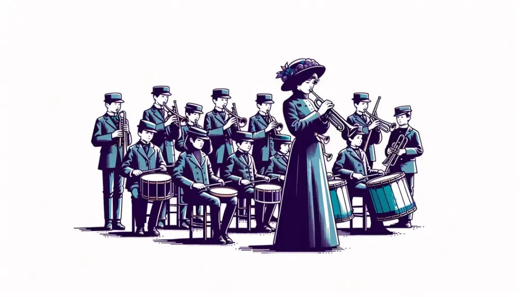Ilustración de estudiantes franceses de la Tercera República tocando instrumentos musicales en una banda escolar