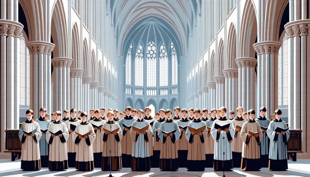 Ilustración de jóvenes coristas medievales cantando en una catedral francesa