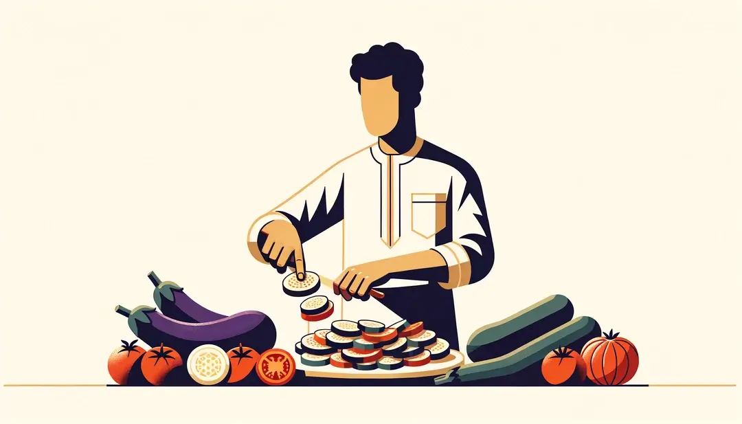 Imagen minimalista de una persona preparando ratatouille con colores vivos