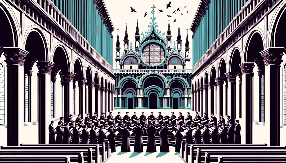 Ilustración minimalista de un coro renacentista dividido interpretando motetes en un gran templo