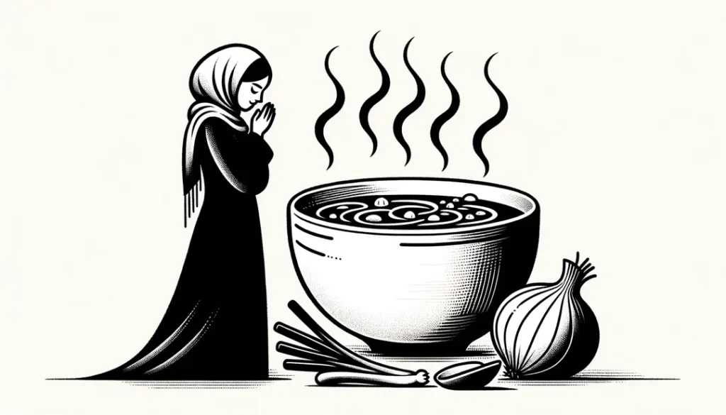 Ilustración minimalista de una figura humana disfrutando de una sopa de cebolla francesa de invierno