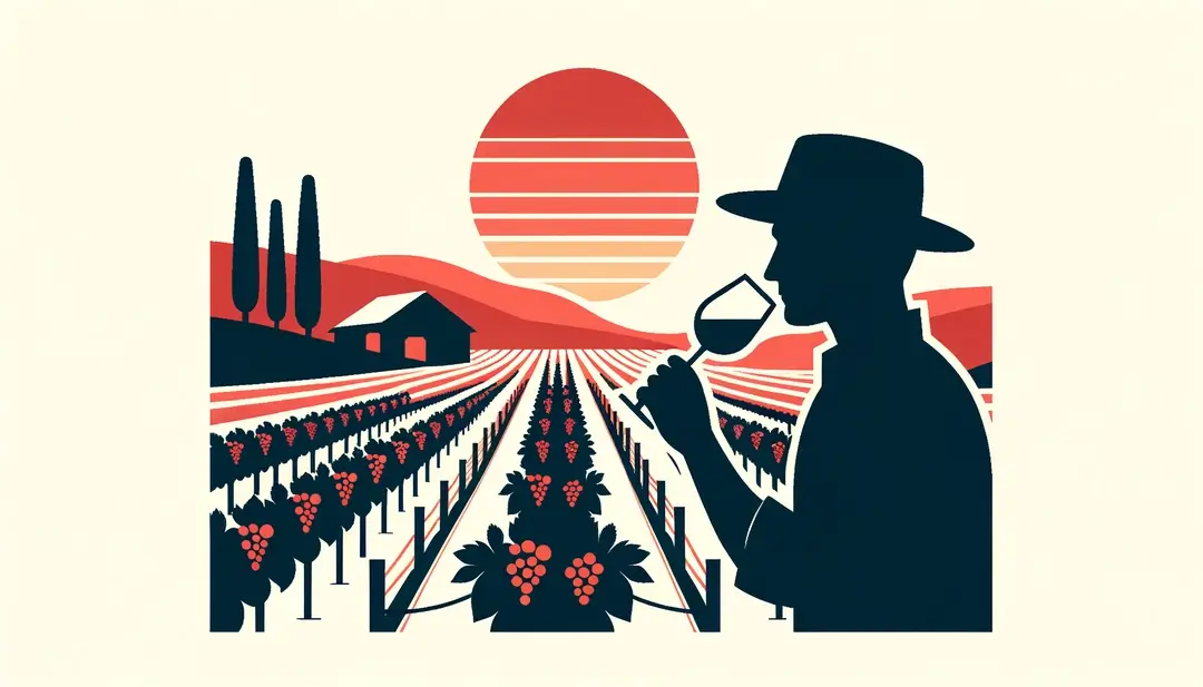 Ilustración minimalista de una cata de vino al atardecer en un viñedo francés