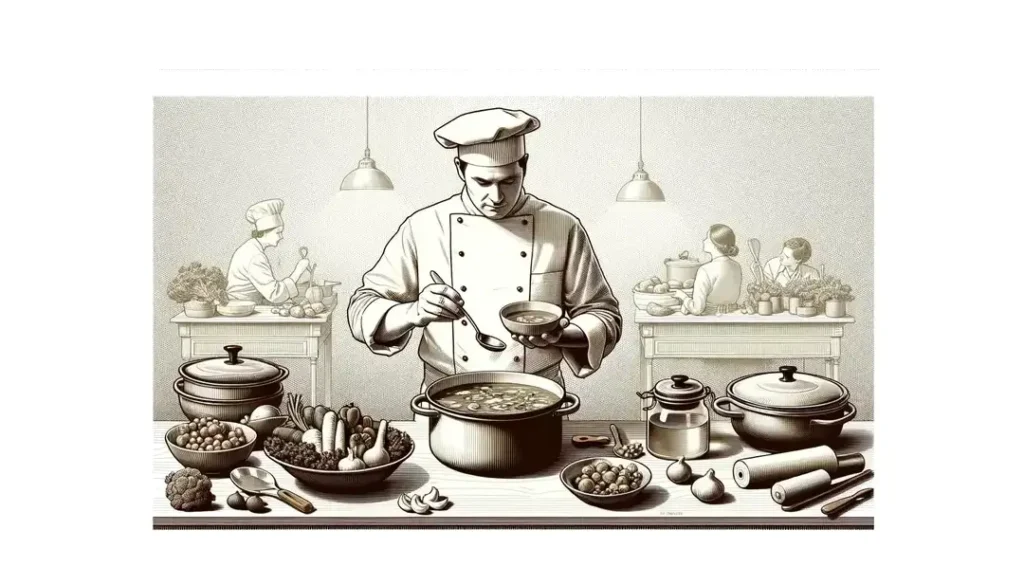 Ilustración minimalista de un chef preparando potage y soupe