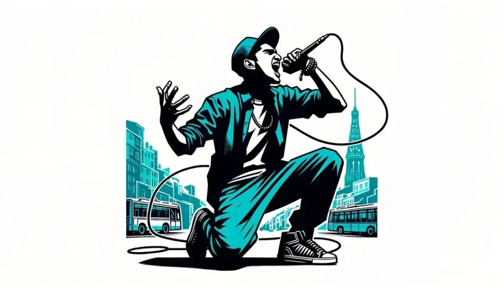 Ilustración de un artista joven expresando poesía slam en un entorno urbano moderno de Francia