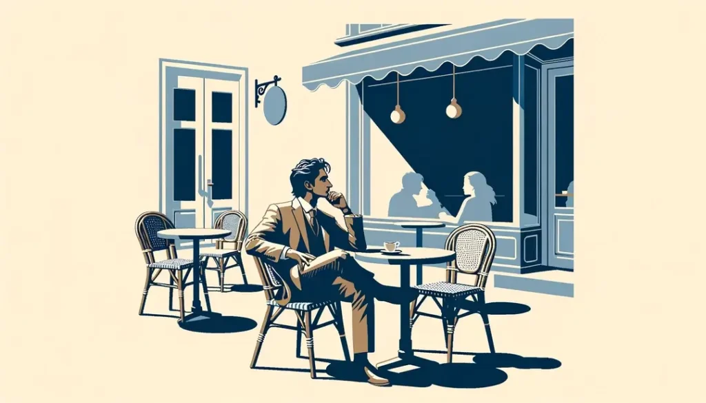 Ilustración de una figura reflexiva en un café francés