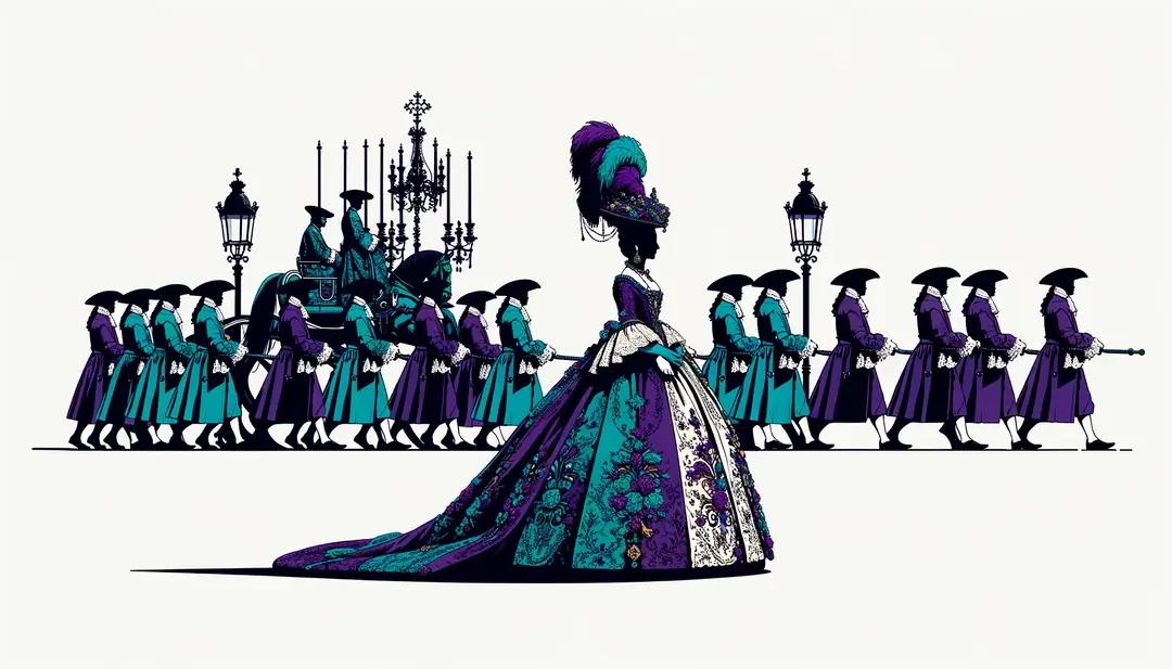 Ilustración minimalista de una procesión tradicional barroca con figura humana en fondo blanco
