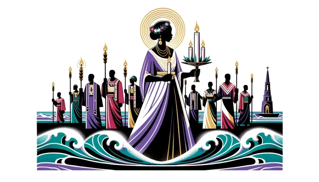 Imagen minimalista de una procesión costera de la Asunción