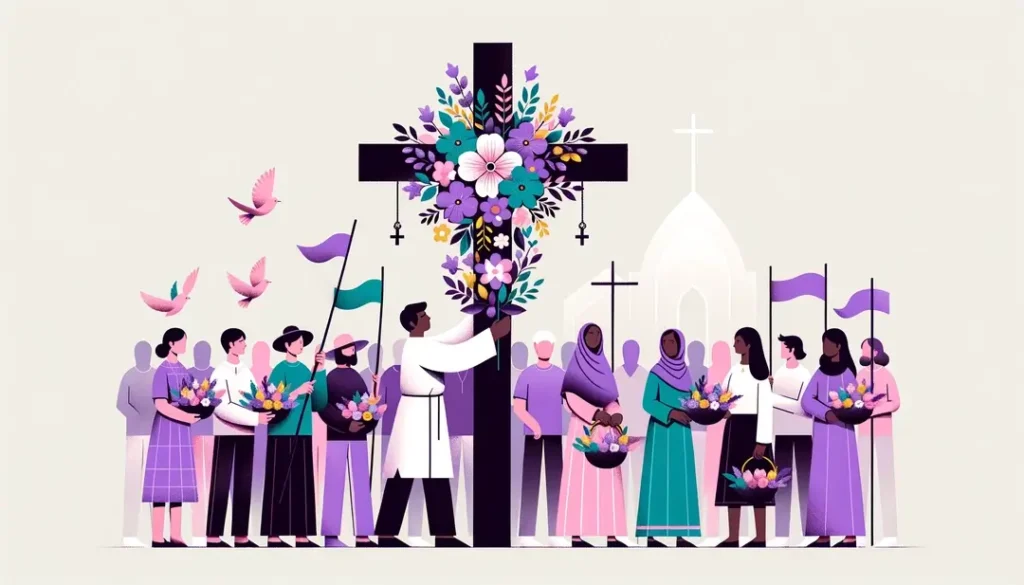 Ilustración minimalista de una comunidad organizando una procesión con cruces de flores