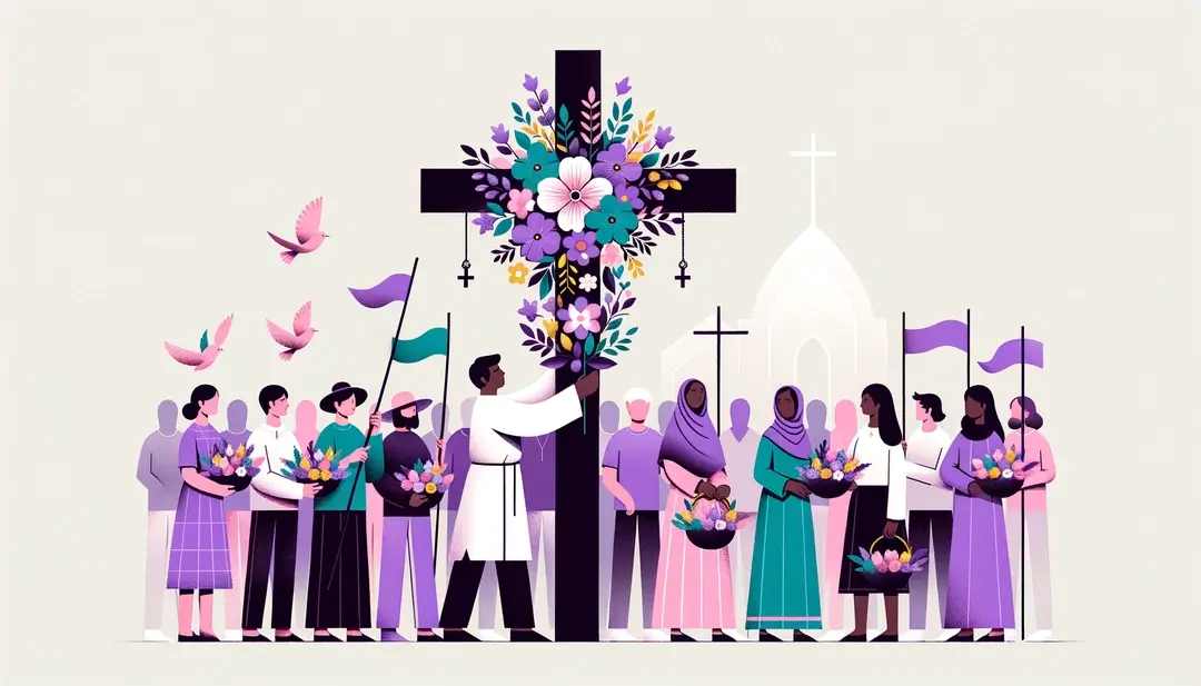 Ilustración minimalista de una comunidad organizando una procesión con cruces de flores