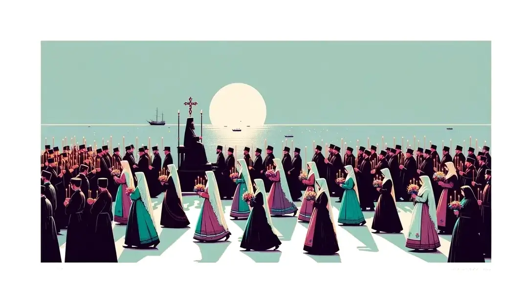 Ilustración minimalista de una procesión ortodoxa rusa en la Costa Azul durante Pascua