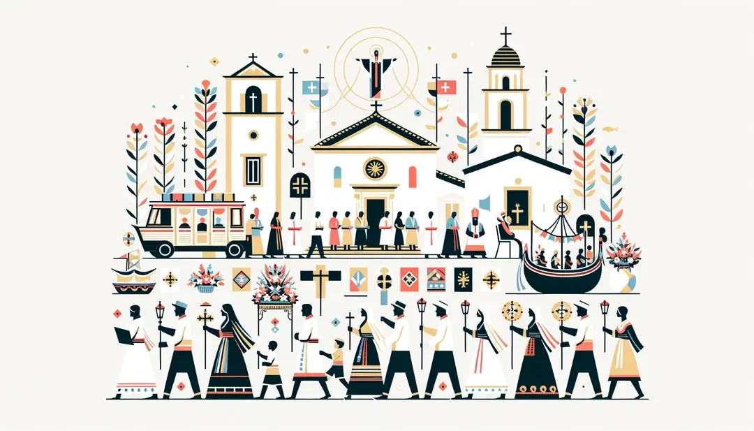 Ilustración minimalista de una procesión en honor a Sainte Dévote en Córcega con figuras humanas y símbolos religiosos en un fondo blanco