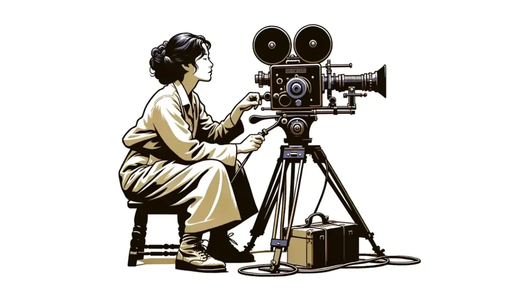 Ilustración minimalista de un cineasta francés en la Francia ocupada con un viejo equipo de grabación