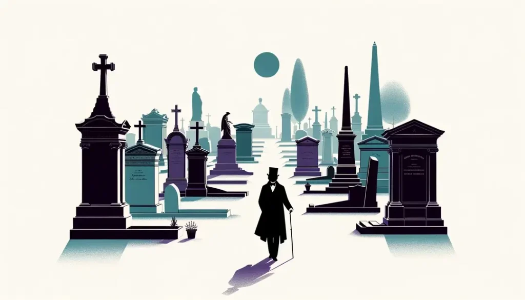 Una ilustración del cementerio Père Lachaise en París con uno de sus monumentos fúnebres icónicos