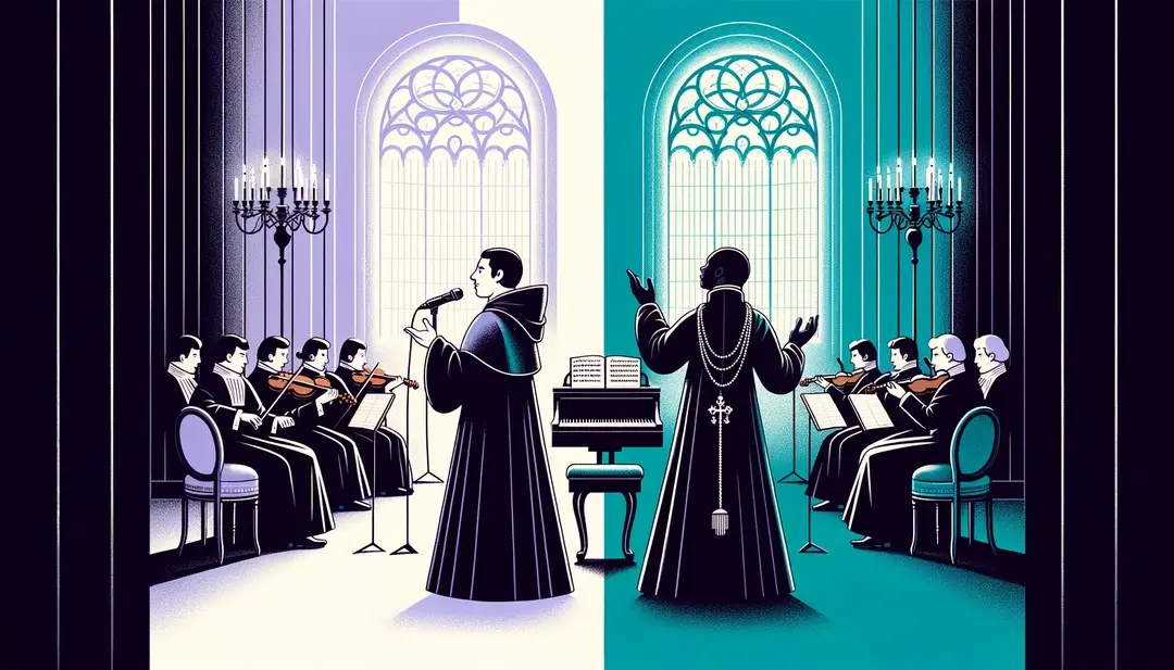 Ilustración de un monje medieval cantando y un compositor del siglo XVIII dirigiendo una orquesta en Francia