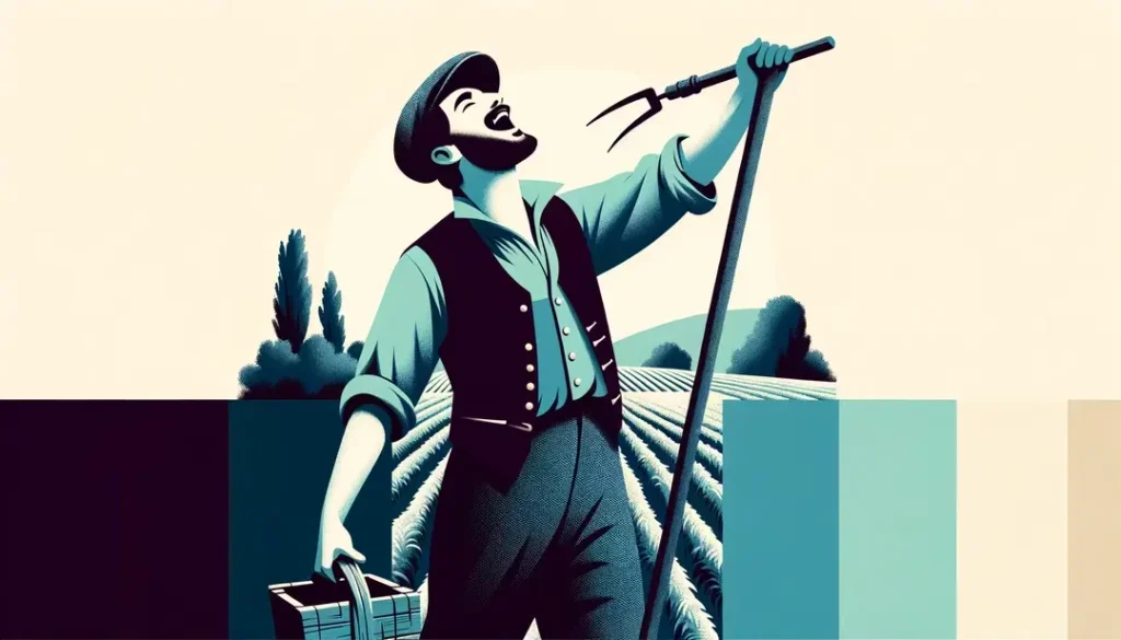 Ilustración minimalista de un labrador francés del siglo XIX cantando mientras trabaja en el campo