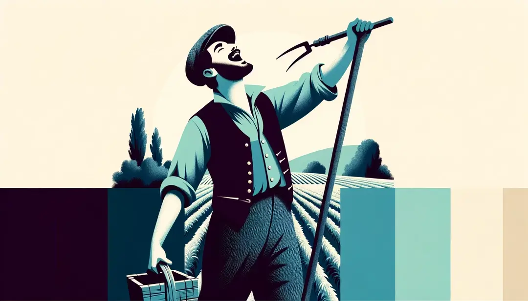 Ilustración minimalista de un labrador francés del siglo XIX cantando mientras trabaja en el campo