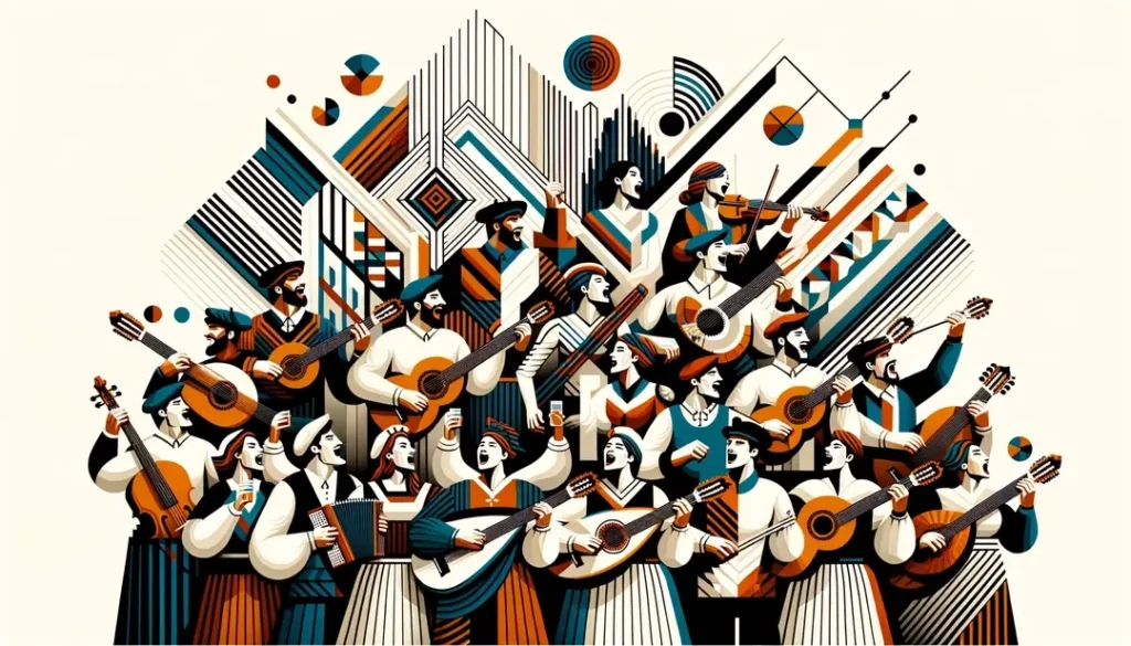 Una representación minimalista de músicos y coros vascos con instrumentos tradicionales en un escenario moderno