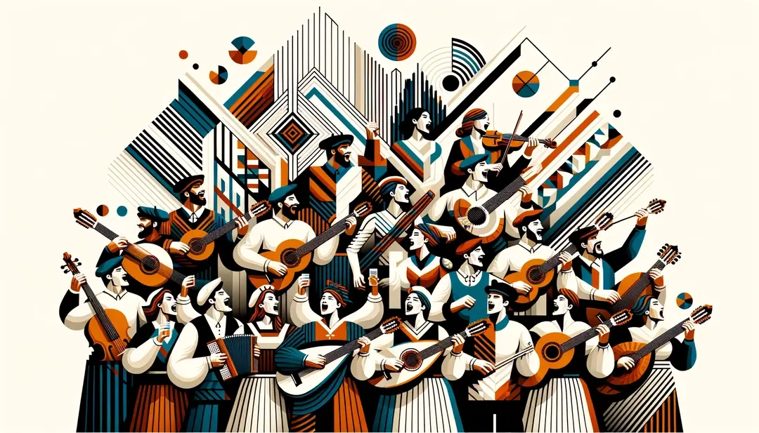 Una representación minimalista de músicos y coros vascos con instrumentos tradicionales en un escenario moderno