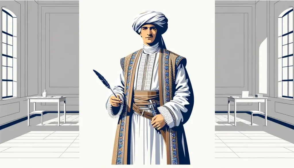 Ilustración de un intendant francés del siglo XVII en una oficina administrativa