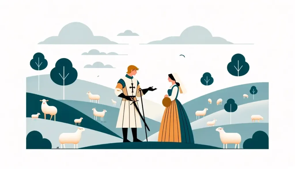 Chevalier y pastora conversando en un paisaje pastoral francés