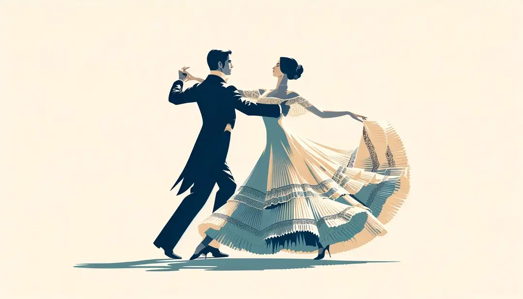 Pareja bailando polka piquée en un salón de baile de la burguesía europea