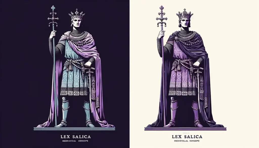 Un rey del reino franco en pose regia simbolizando la ley sálica medieval con un fondo blanco