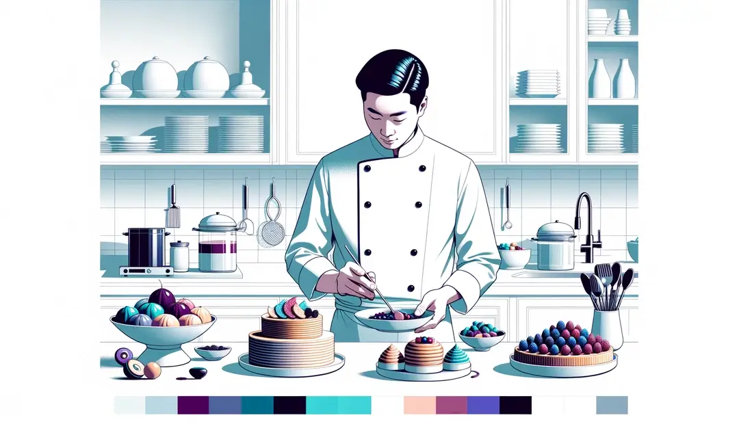 Chef preparando glaseados espejo y coulis en una cocina francesa