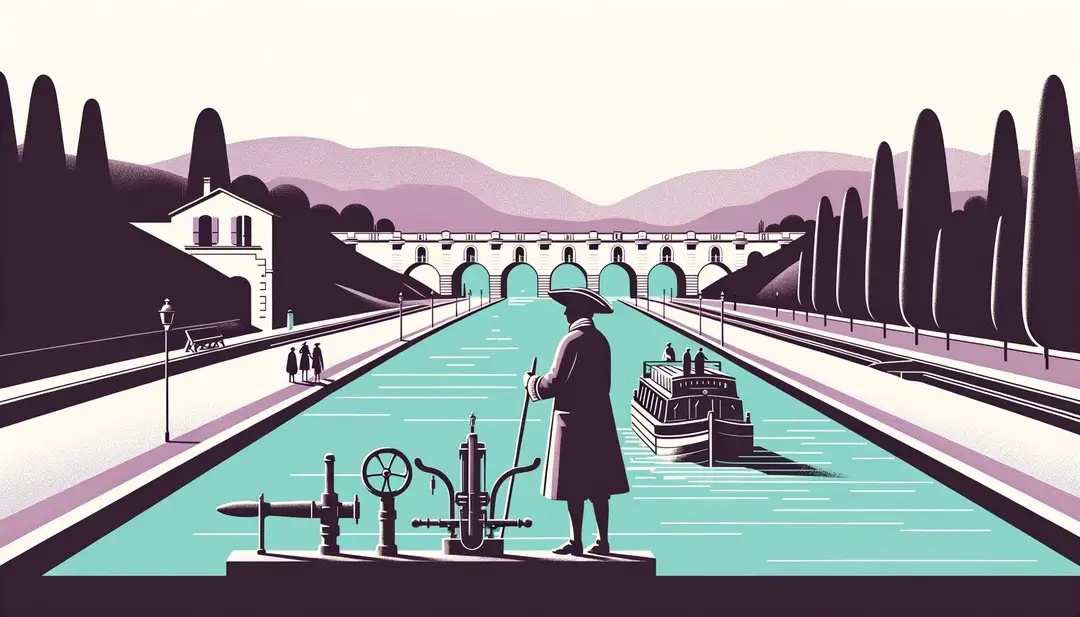 Ilustración minimalista del Canal du Midi con Pierre-Paul Riquet supervisando la construcción en el siglo XVII