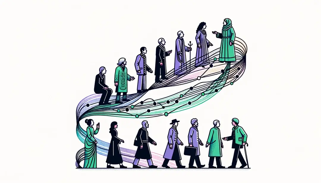 Ilustración minimalista de la evolución del idioma francés con figuras representativas de diferentes épocas