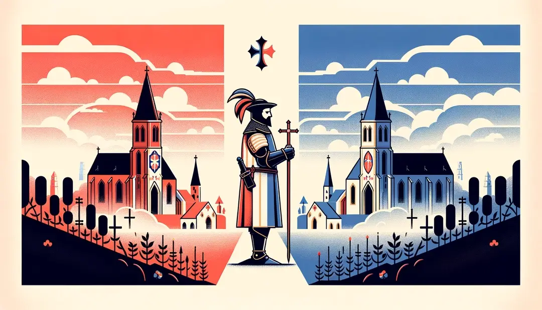 Ilustración minimalista de la Guerre de la Ligue con figuras representativas del conflicto religioso y político