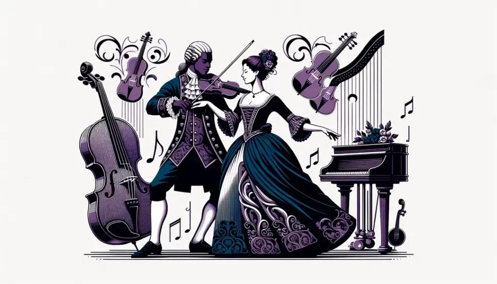 Pareja aristocrática francesa del siglo XVII bailando el minueto